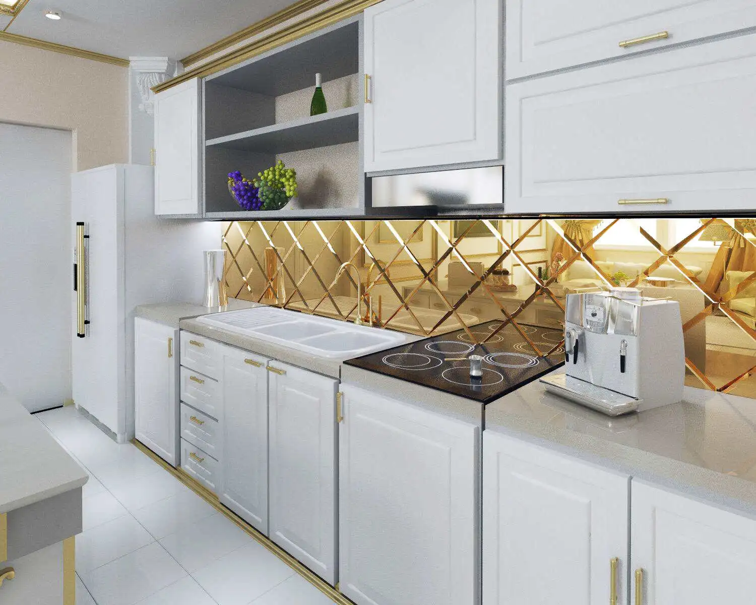 Кухонный фартук из зеркала-золото с алмазной гравировкой