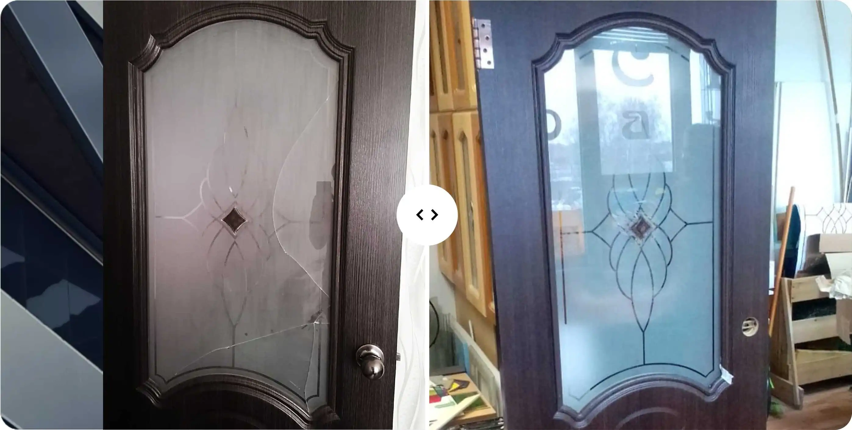 До и после замены лопнувшего стекла в двери с матовым витражом